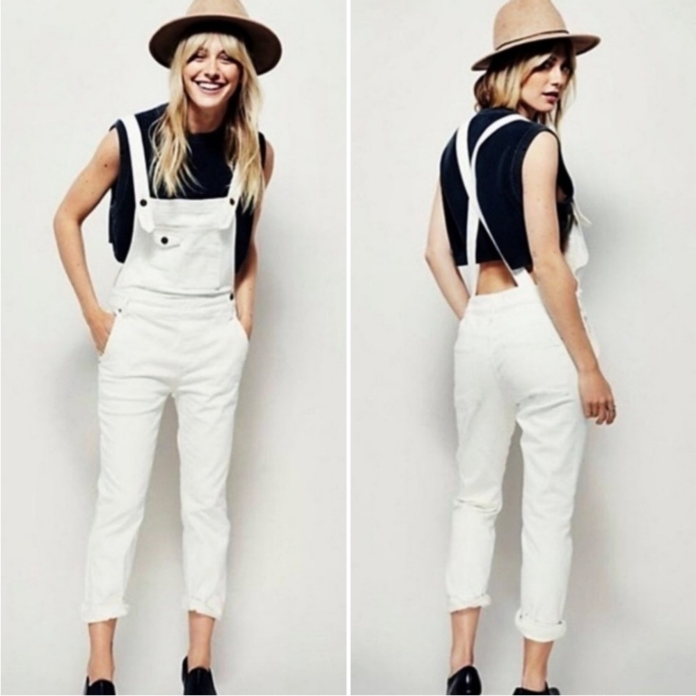 Free People Skinny Denim Overalls White Size 30